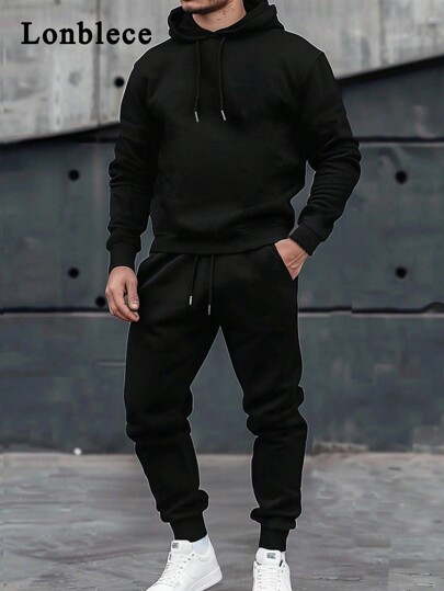 Lonblece مجموعة بلوزة هودي وبنطلون مضلع للرجال، ملابس رياضية كاجوال، ملابس خريفية