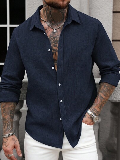 Manfinity Homme قميص كاجوال طويل الأكمام من الكتان أحادي الصدر للرجال