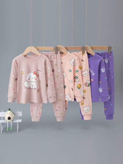 6 قطع ومجموعة ملابس داخلية قطنية كرتونية للبنات، طقم بيجامات سميك بطباعة سيارات كرتونية جذابة بأكمام طويلة، بيجامات قطنية بطباعة كرتونية للخريف