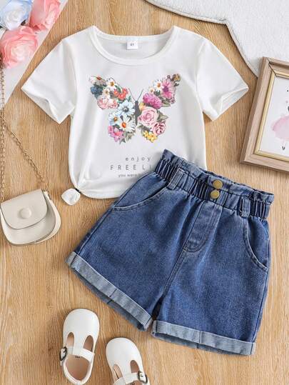 تي شيرت بأكمام قصيرة مطبوع عليه زهور وفراشة لفتاة صغيرة وشورت جينز بخصر ورقي للبنات