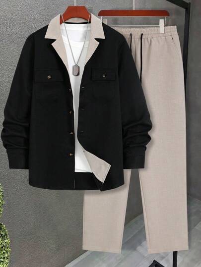 قميص برقبة وجيوب بتريم باللون الفاتح مع بنطال ذو رباط باللون الأحادي, بدلة كاجوال معتادة من 2 قطعة للرجال في الخريف