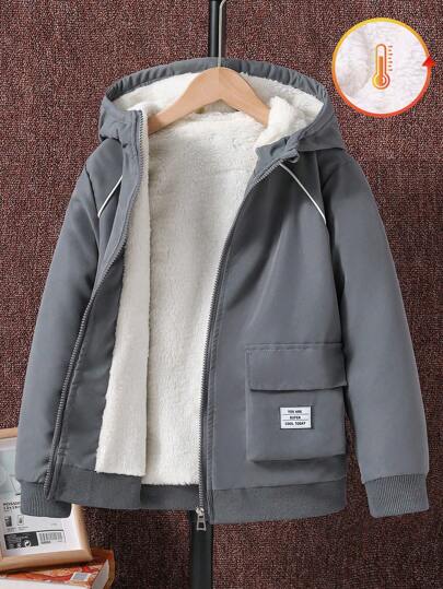 SHEIN جاكيت تفاصيل مرقع بعبارة بطباعة تيدي قبعة ولد