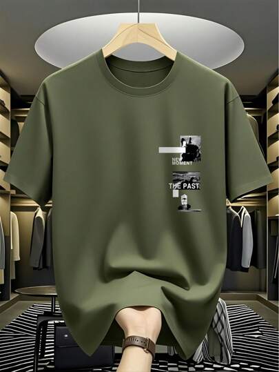 تيشيرت كاجوال صيفي رجالي بطبعة حرفية بياقة مستديرة وأكمام قصيرة